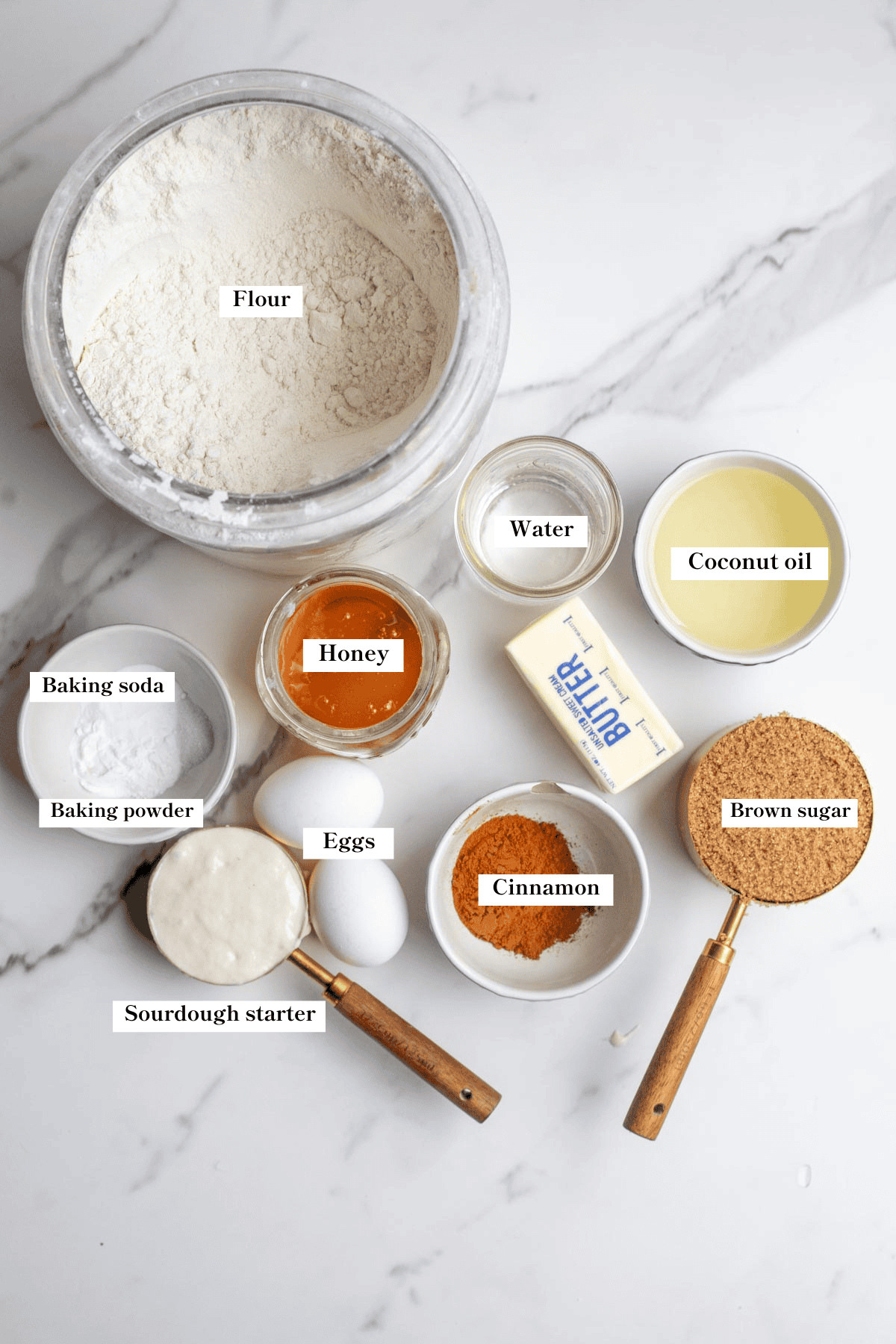 Ingredients on the counter top to make a sourdough cinnamon star.