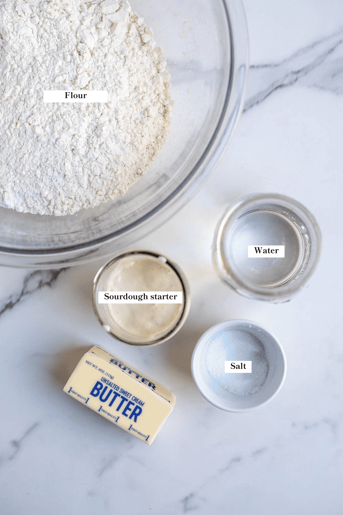 Ingredients to make sourdough croissant dough on the counter.