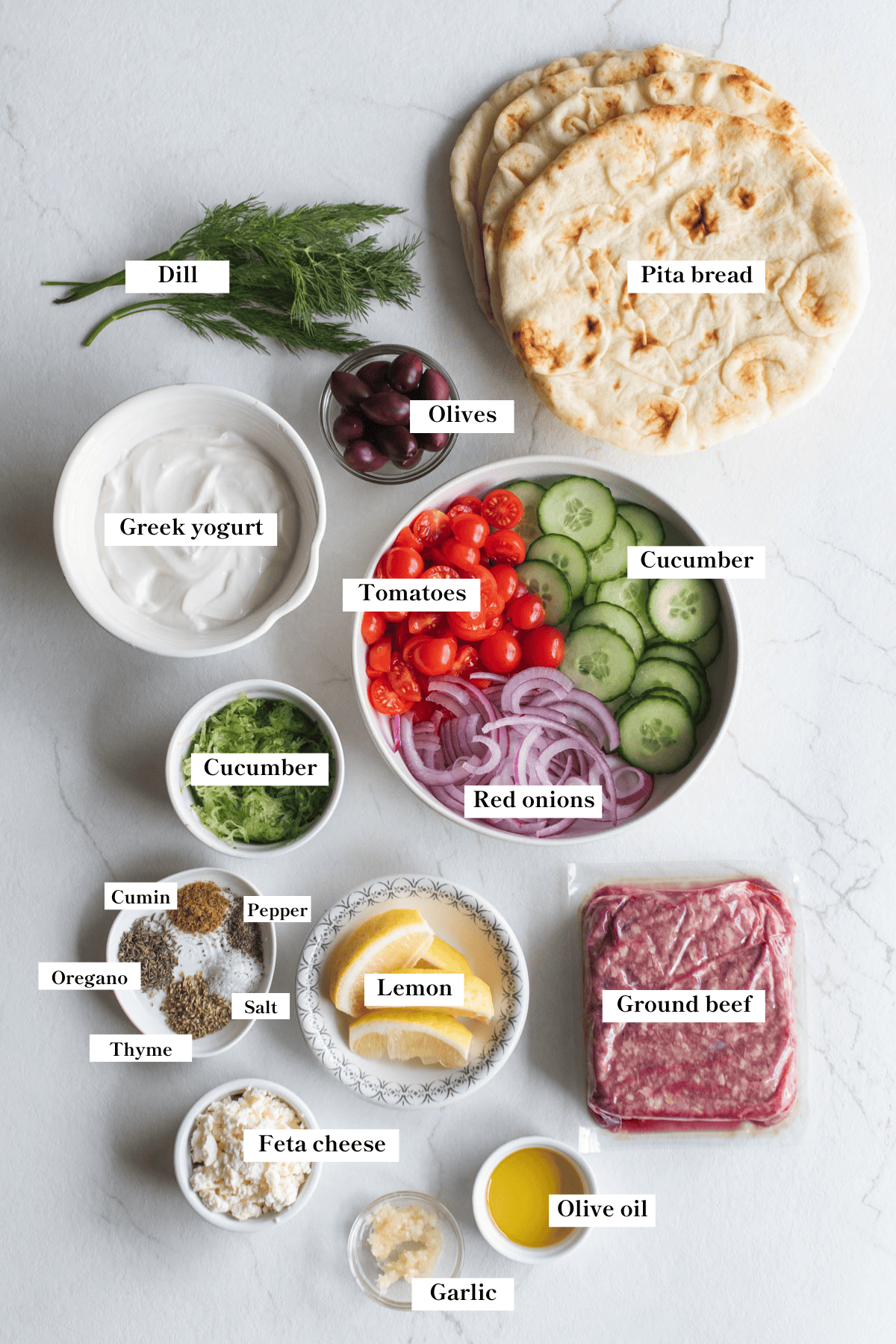 Ingredients for ground beef gyros on the counter top.