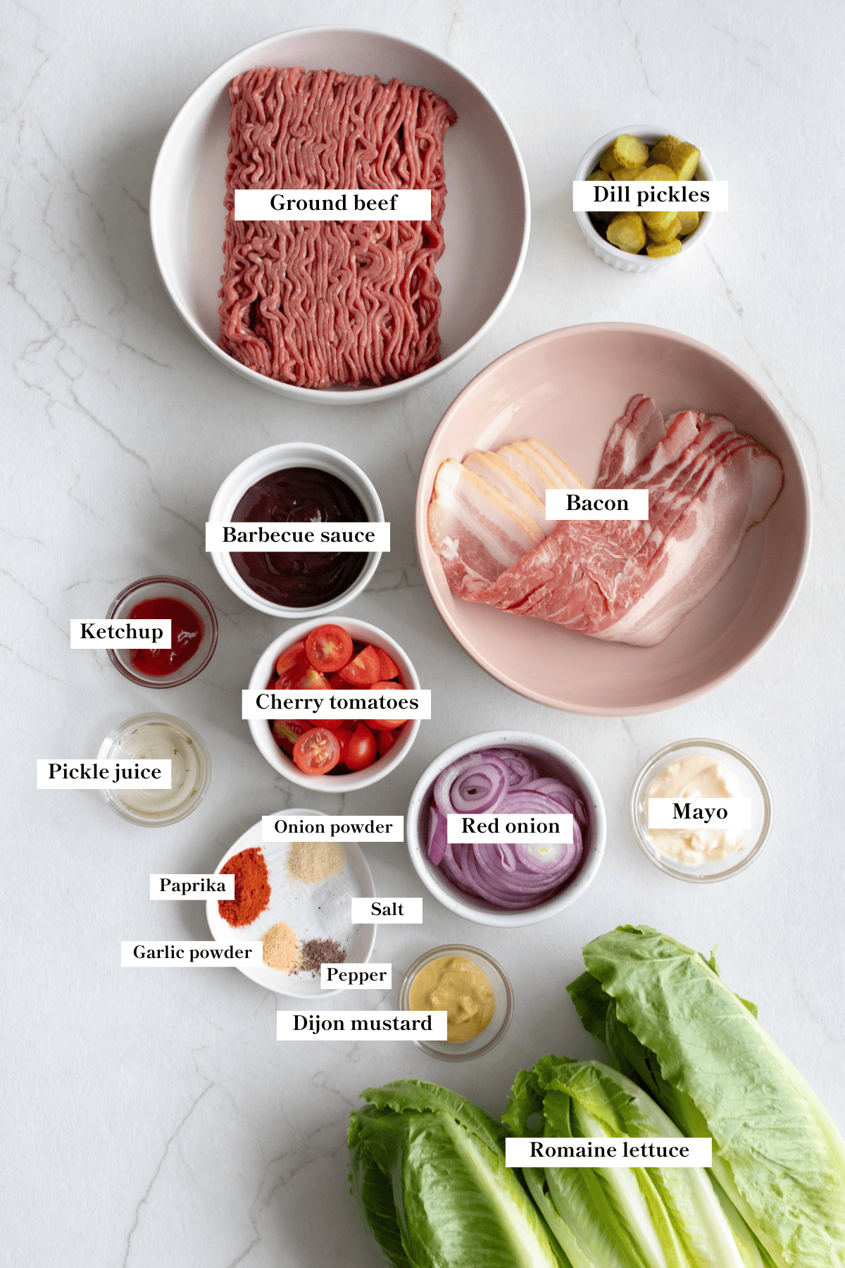 Ingredients for burger bowls on a counter top. 