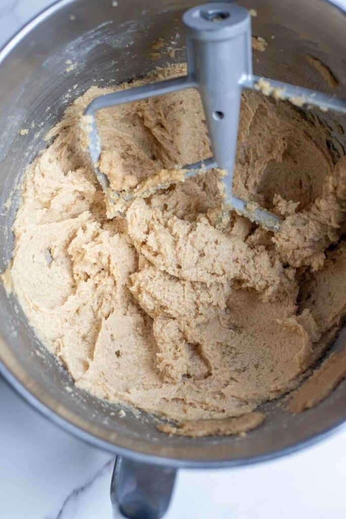 Butter and sugar creamed together in a stand mixer.