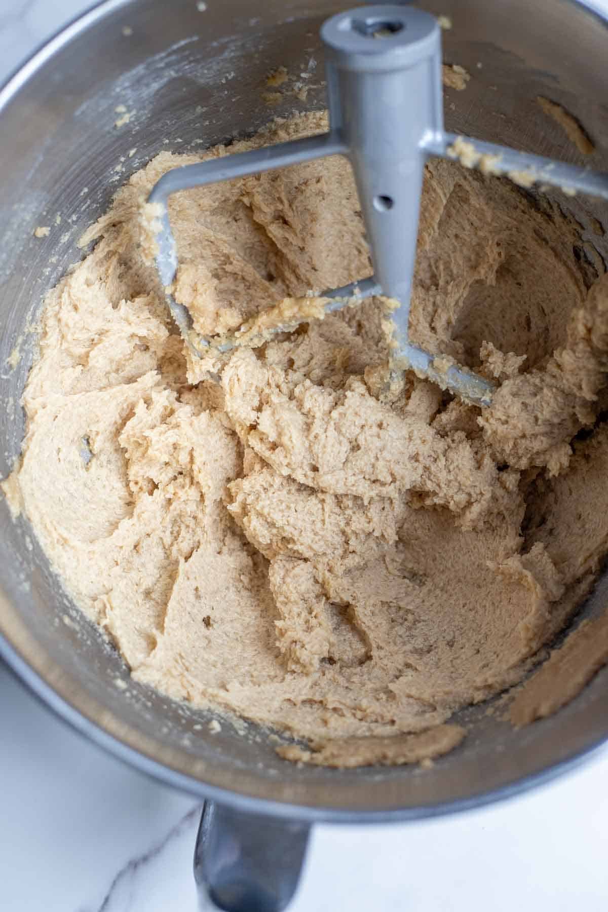Butter and sugar creamed together in a stand mixer.