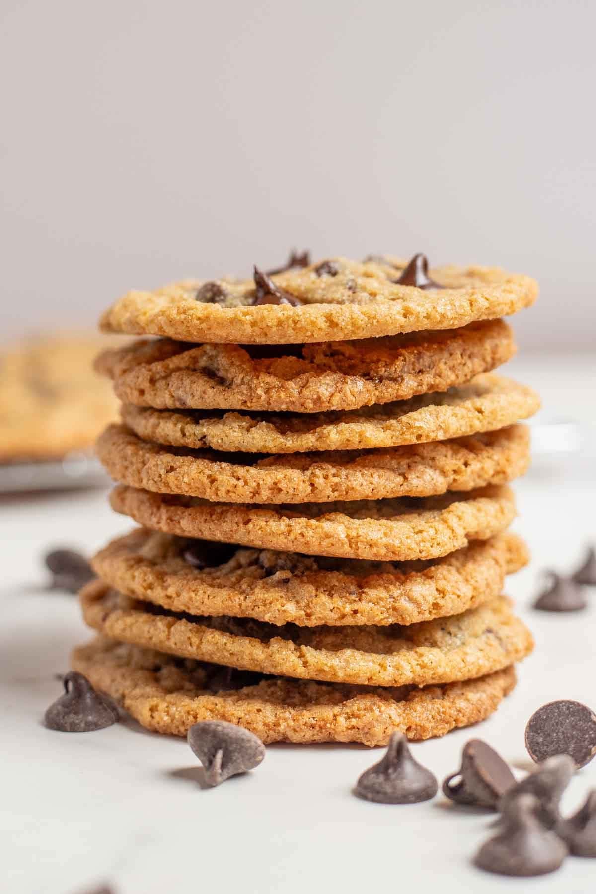 Stacked chocolate chip cookies.
