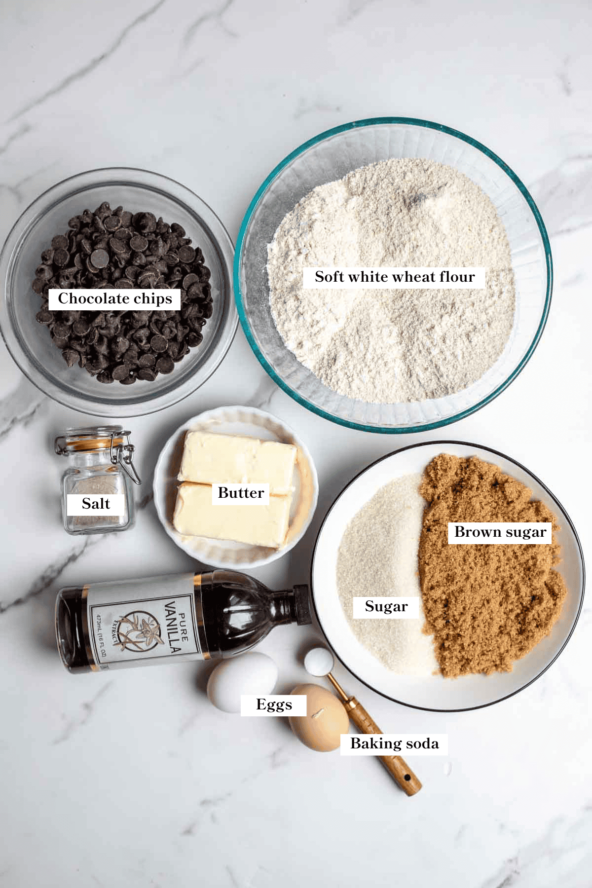 Ingredients for fresh milled chocolate chip cookies on a counter top.