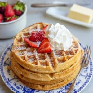 a stack of whole wheat waffles on a blue decorative plate topped with whipped cream and sliced strawberries.
