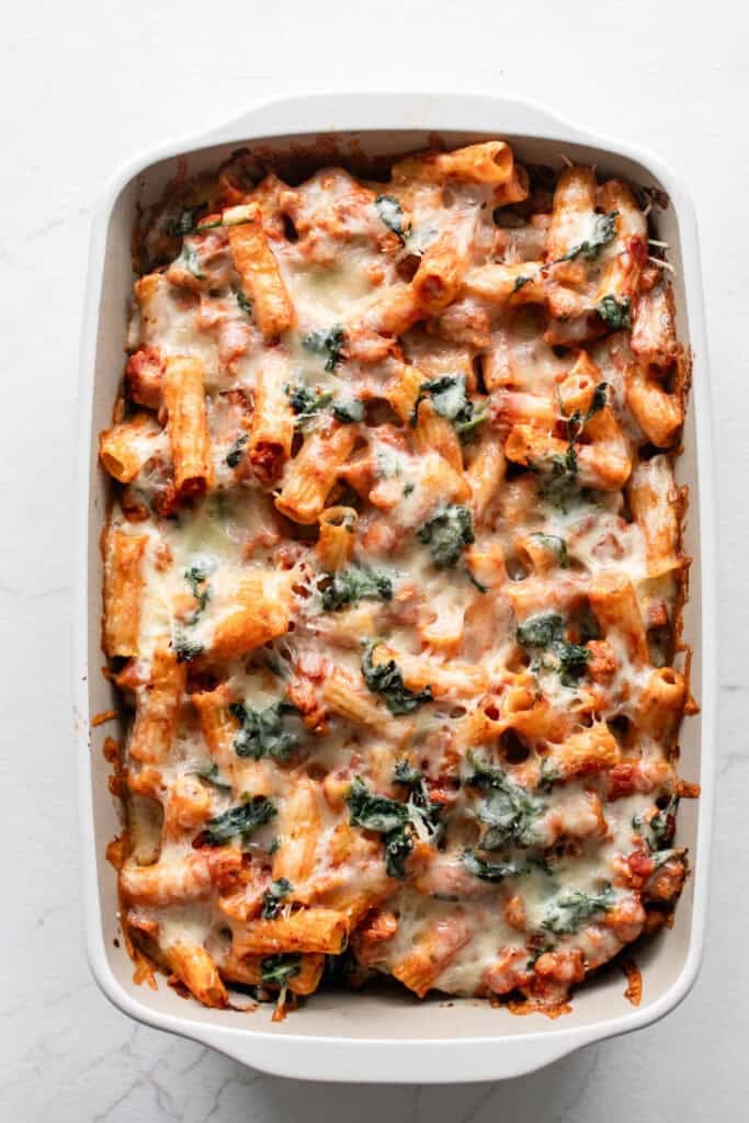 Baked ziti out of the oven.