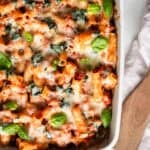 Baked ziti in a casserole dish.