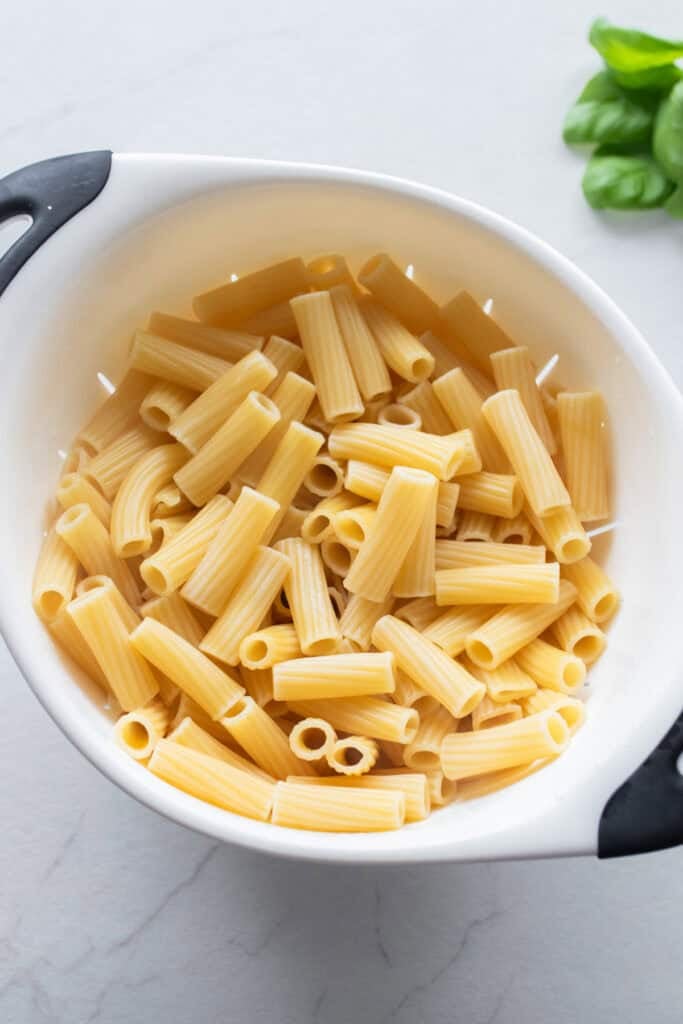 Pasta in a colander.