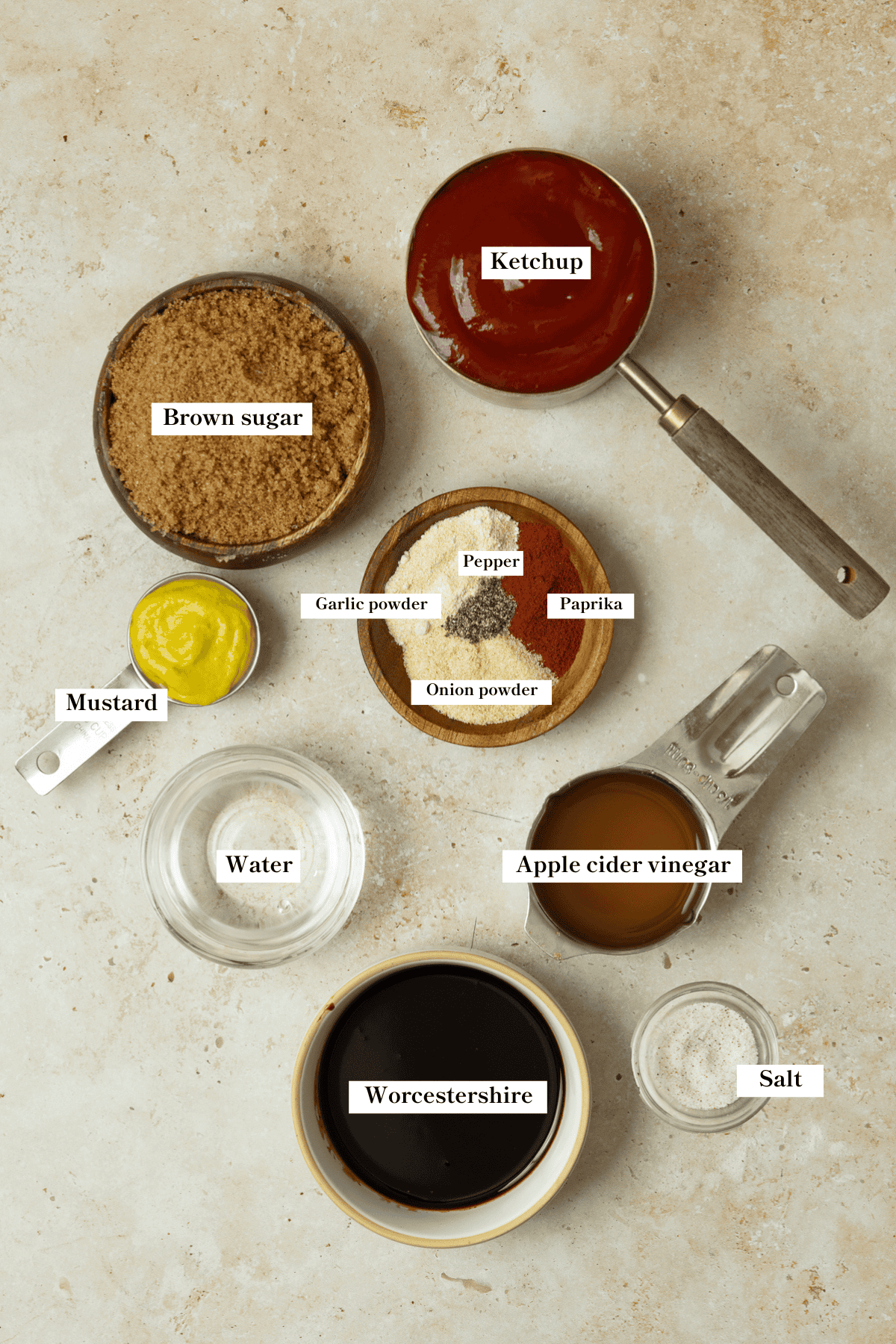 Ingredients for homemade barbecue sauce on a counter top.