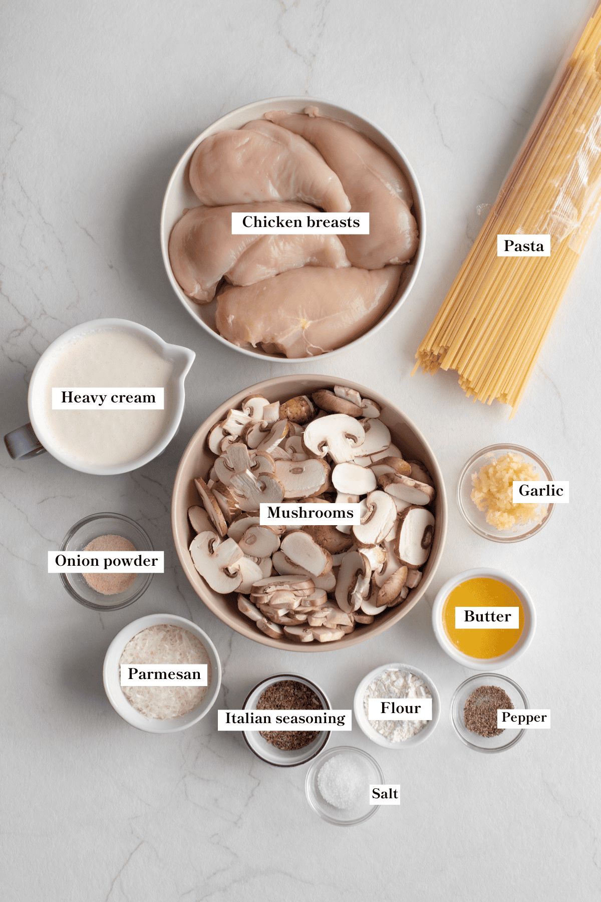 Ingredients for chicken and mushroom pasta portioned and arranged on a countertop.
