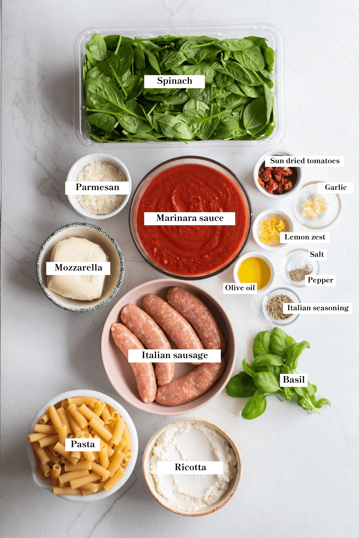 Ingredients for baked ziti on the countertop.