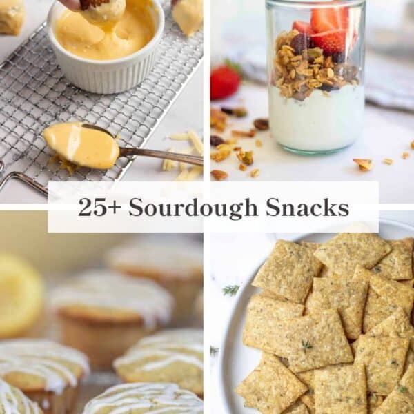 Sourdough crackers, muffins, granola, and pretzel bites.