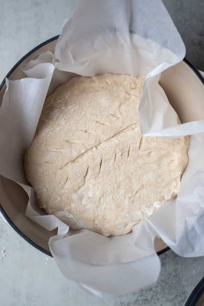 Scored sourdough in a Dutch oven on a piece of parchment paper.