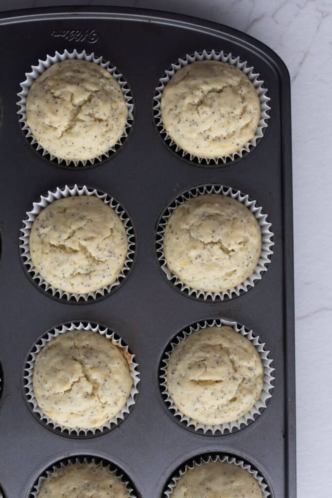 Baked muffins in a muffin tin.