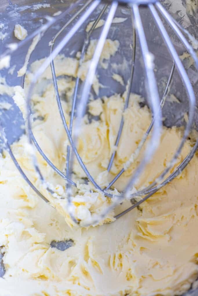 Butter creamed in a stand mixer with a whisk attachment until it is smooth.