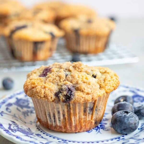 one blueberry muffin on a blue decorative plate with 3 blueberries beside it.
