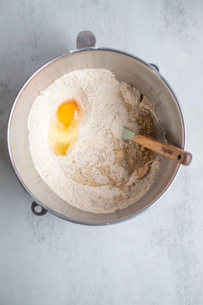 Ingredients in a stand mixer.