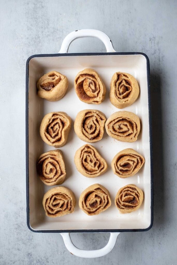 Cinnamon rolls in a casserole dish.
