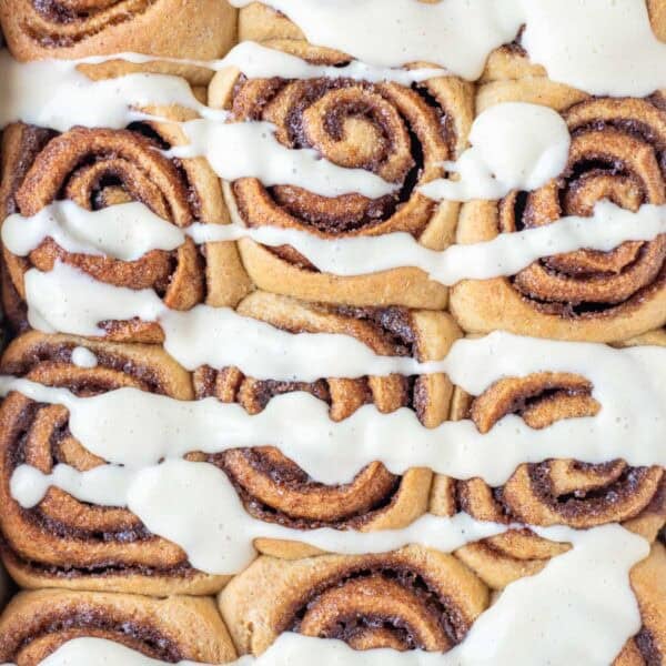 Cinnamon rolls with a cream cheese frosting.
