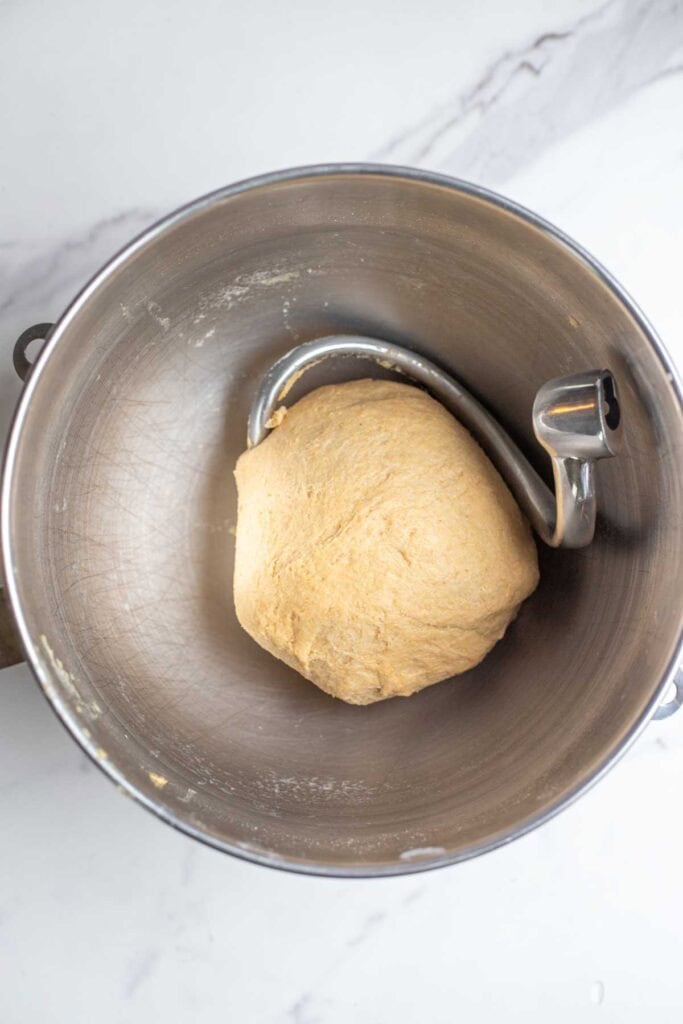 Dough in a stand mixer.
