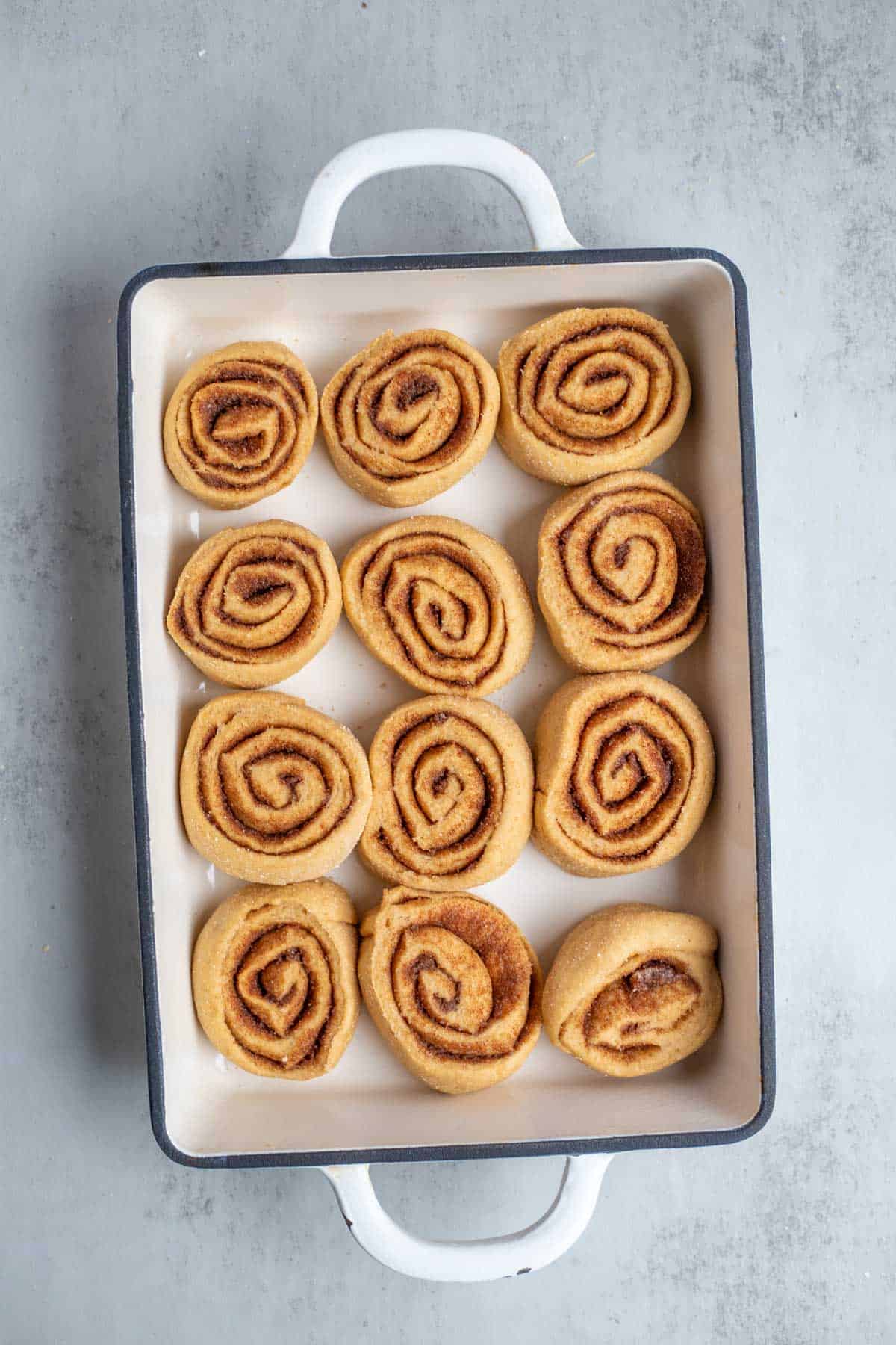 Cinnamon rolls that have risen and ready for oven. 