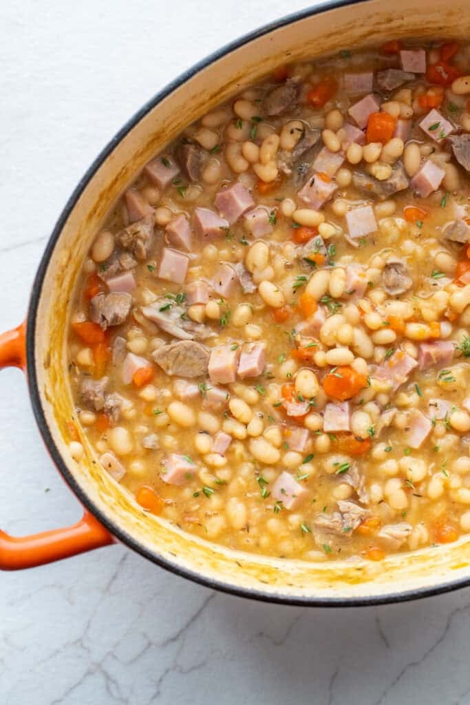 A soup pot of ham and beans.