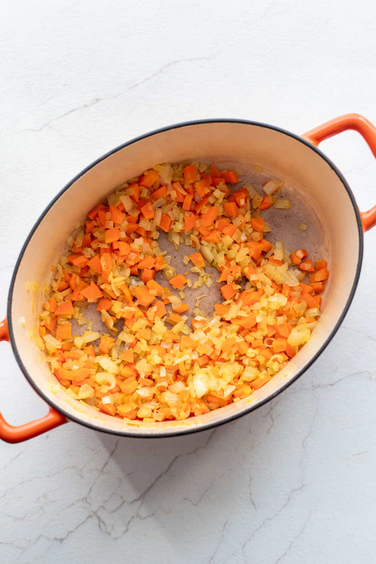 Carrots and onions in a large soup pot.