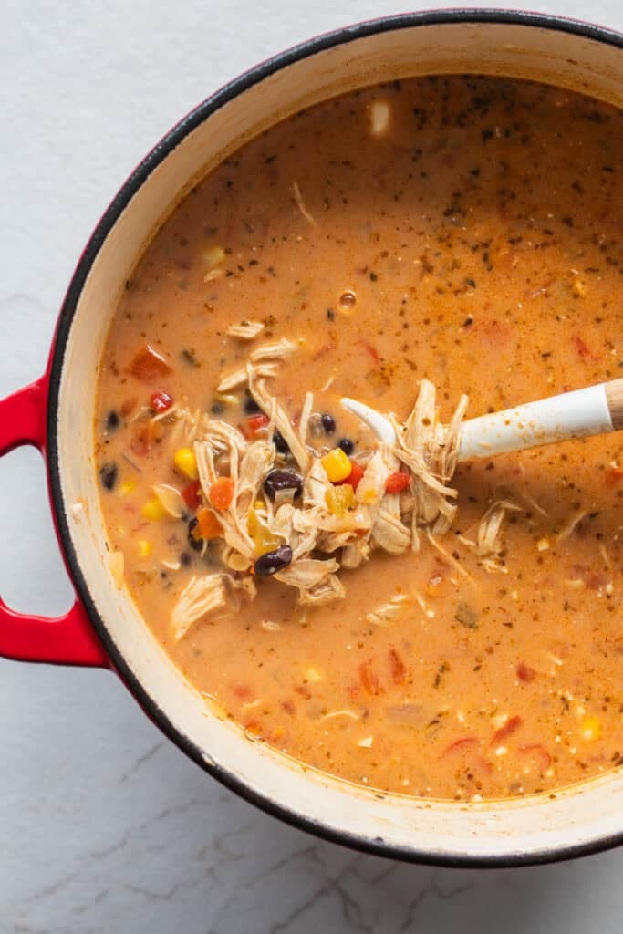 a pot of southwest chicken soup with a silicone ladle spooning soup out of the pot.