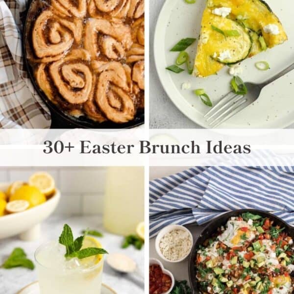 Cinnamon rolls, frittata, lemonade, and breakfast hash.