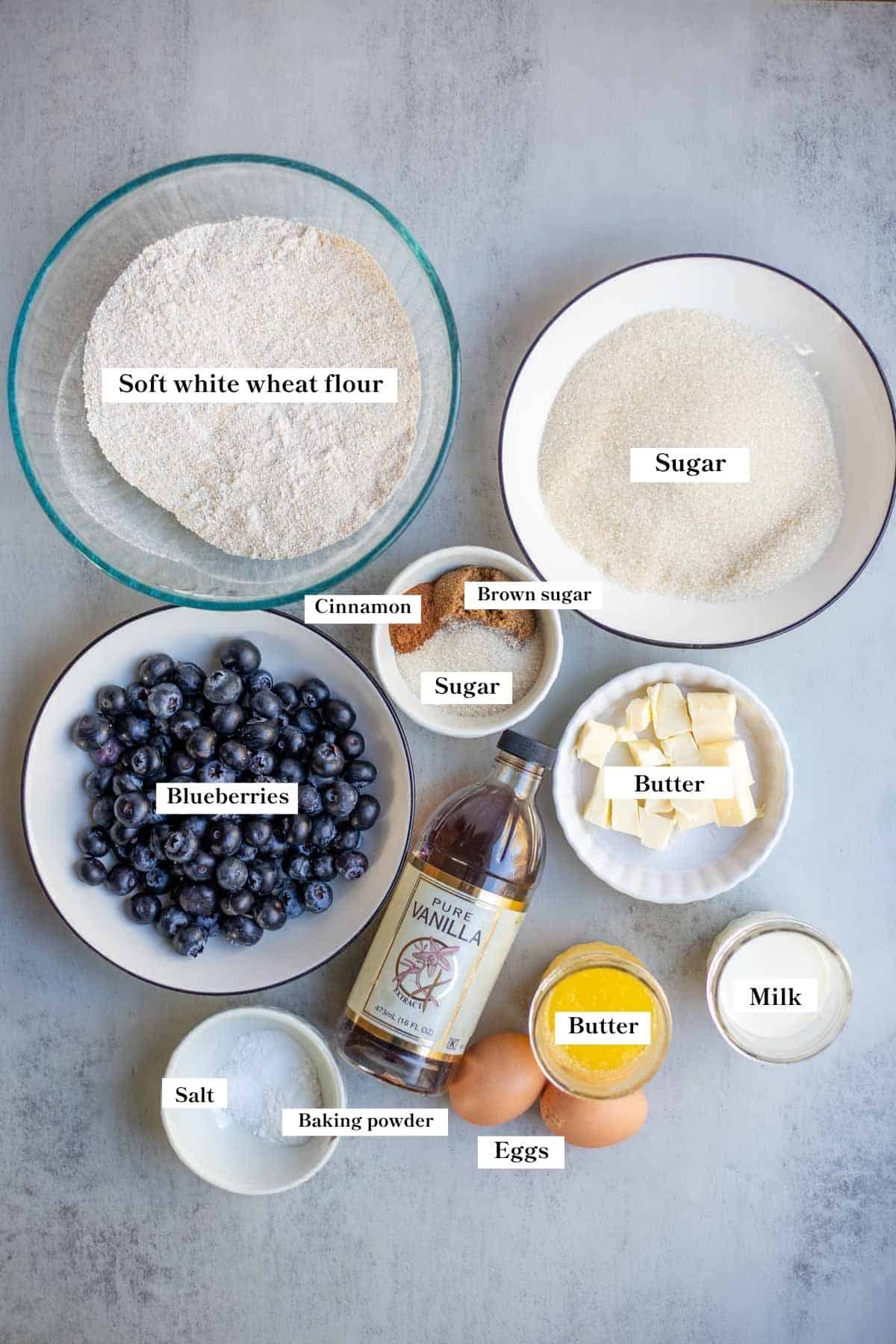 ingredients on the counter to make whole wheat blueberry muffins.