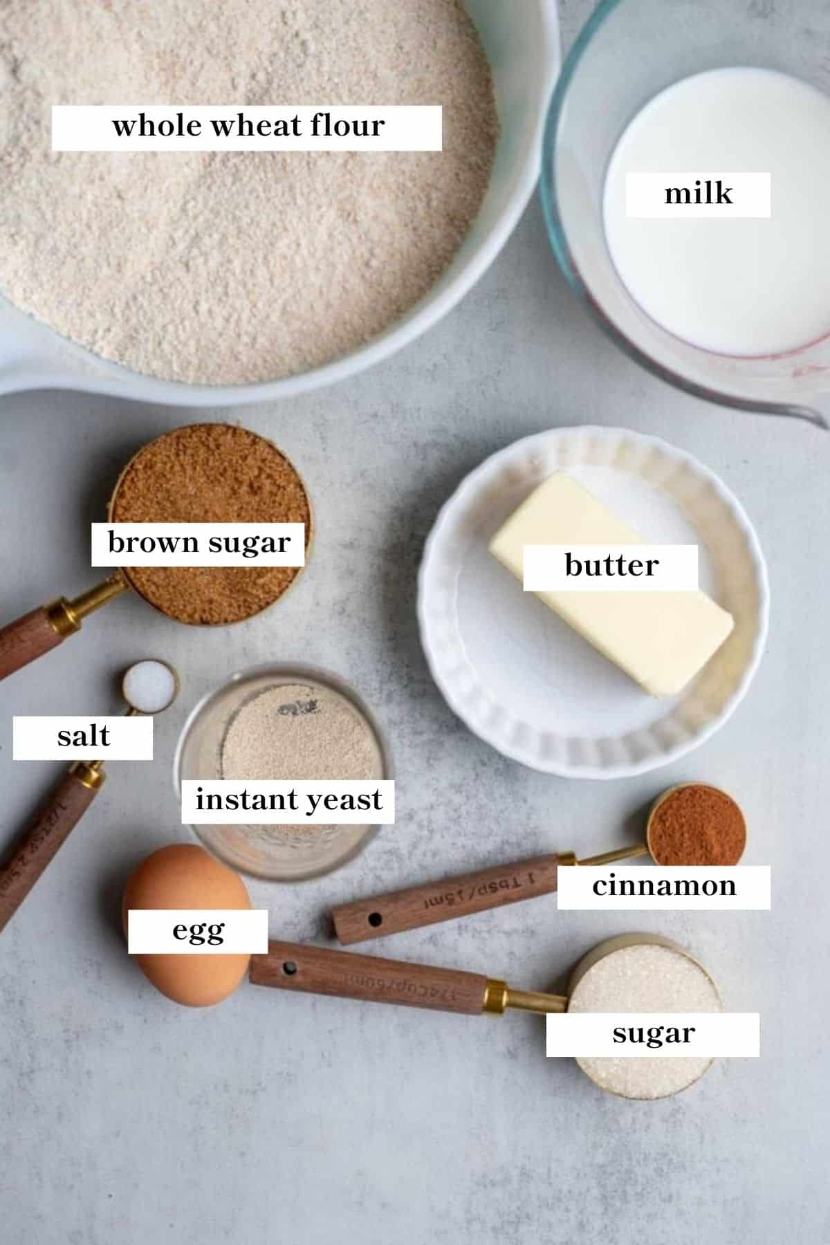 Ingredients on a counter top and labeled.