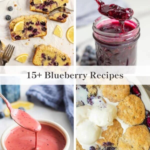 A collage of four photos of blueberry recipes including sauce, jam, cobbler, and bread.