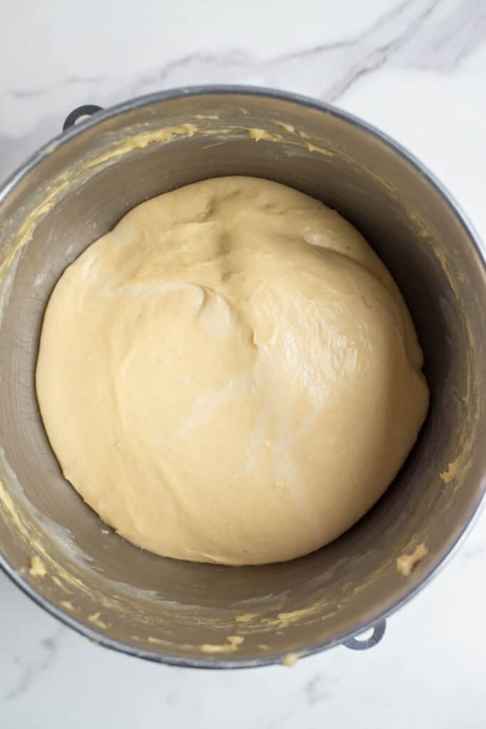 Sourdough in a stainless steel mixing bowl that has doubled.