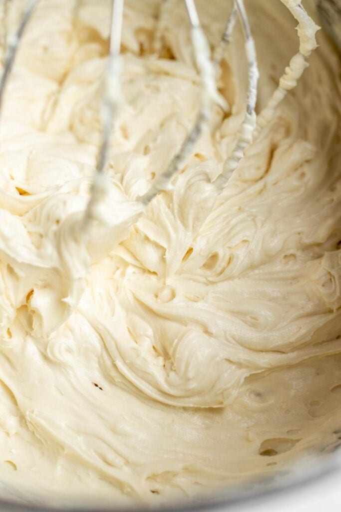 cream cheese frosting whipped together in a stand mixer.