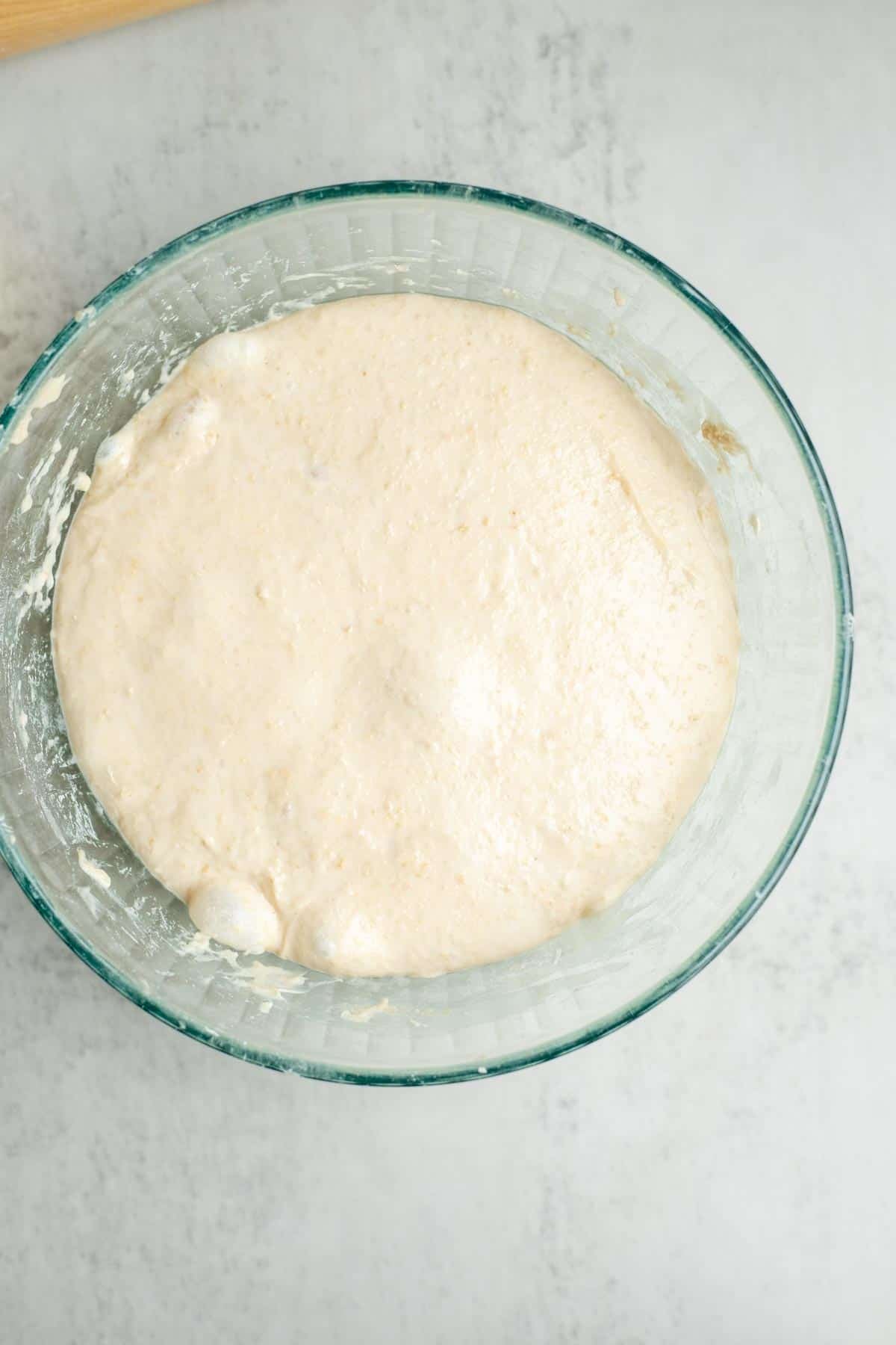 Sourdough dough in a bowl after a bulk fermentation.
