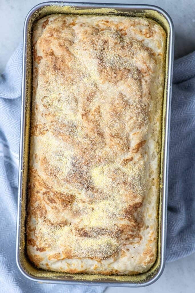 English muffin bread baked in a loaf pan.