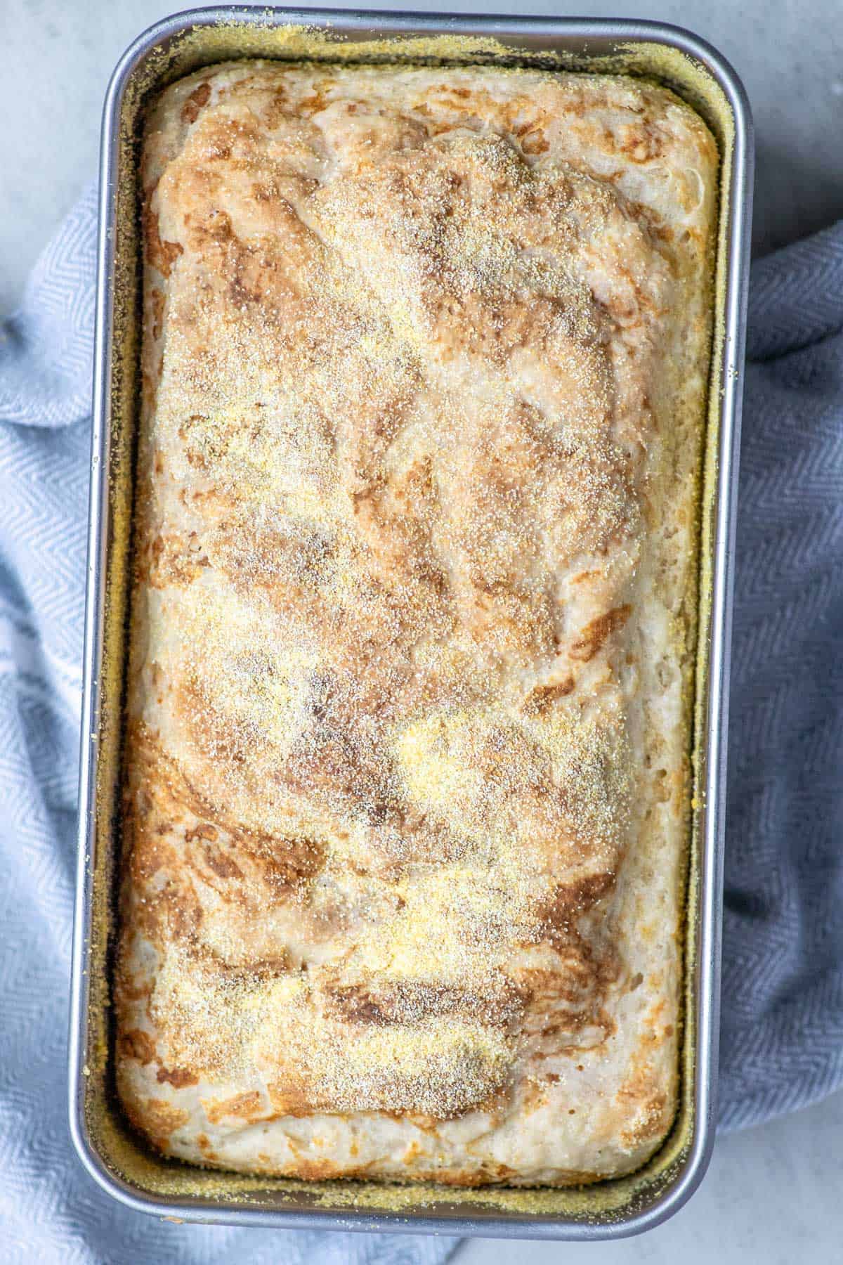 English muffin bread baked in a loaf pan.
