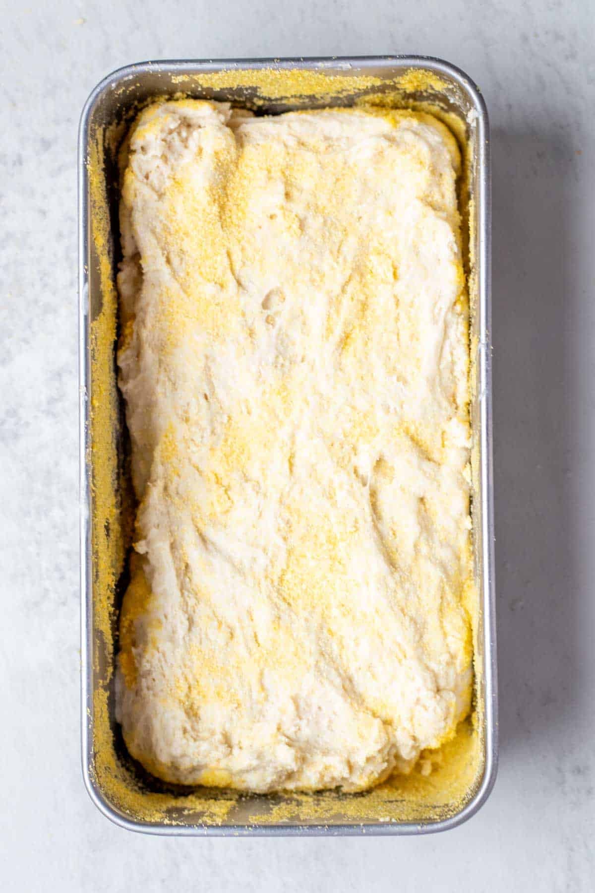 Bread dough shaped and in a loaf pan.