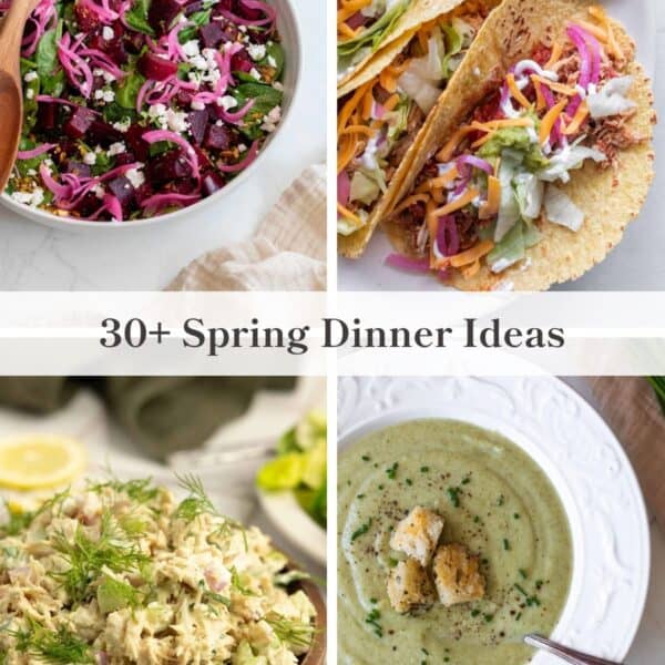 Four dishes including chicken tacos, beet salad, tuna salad, and broccoli soup.