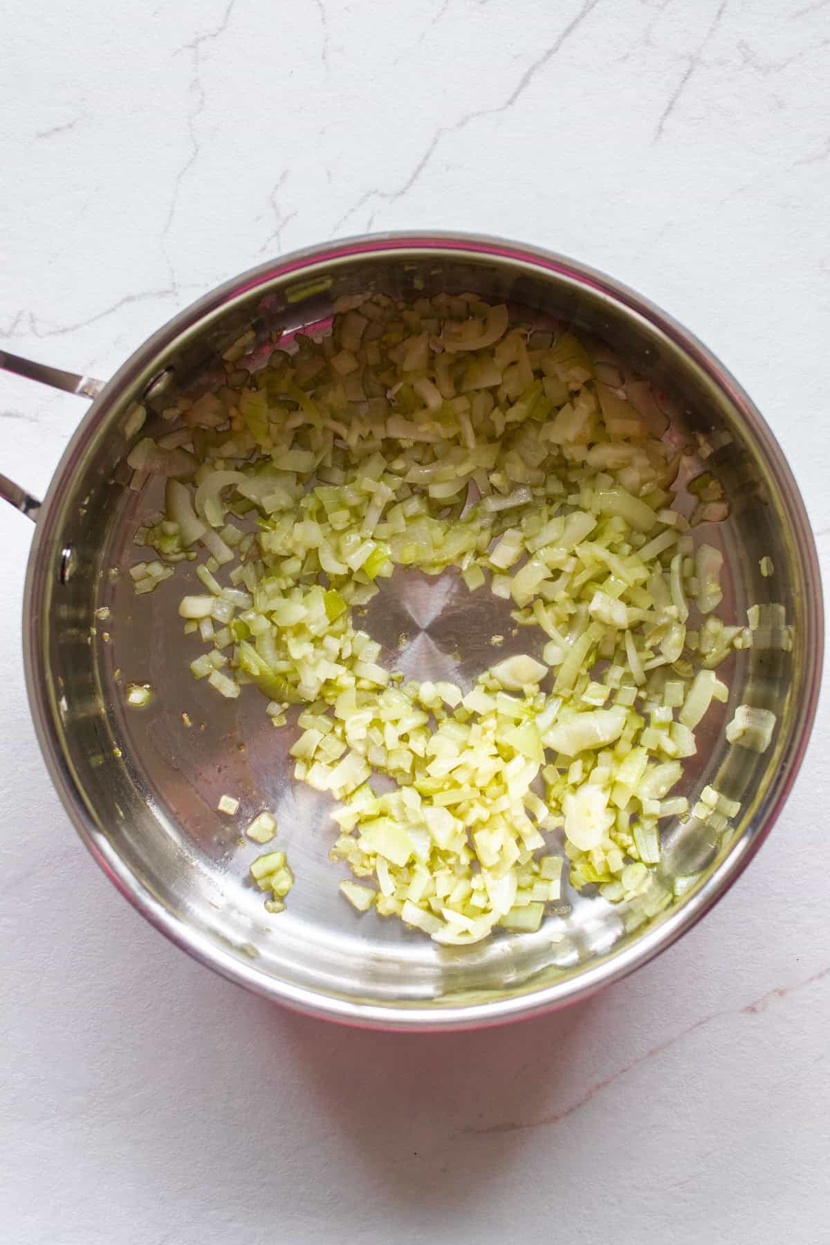 Onion and garlic in a saucepan.