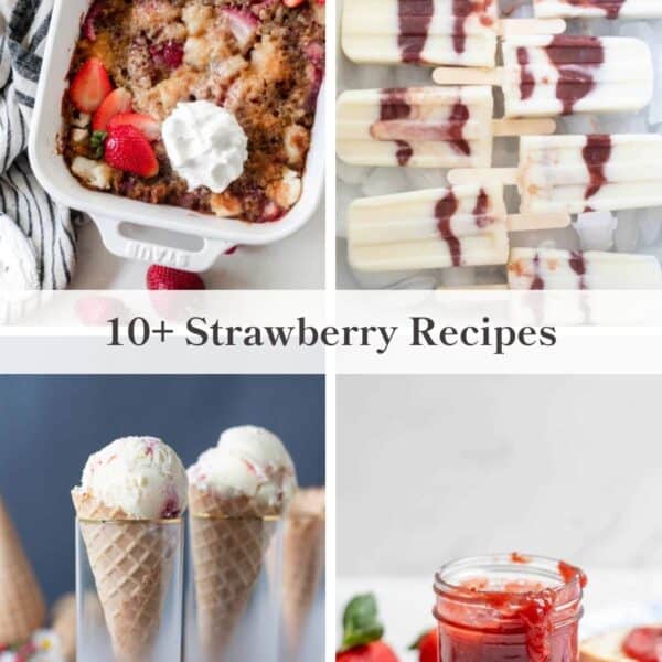 A collage of four photos that utilize strawberries.