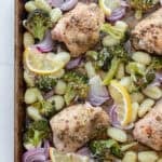 Chicken, veggies, and gnocchi on a sheet pan.