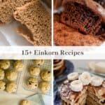 Four images of food including bread muffins, pancakes, and cookies.