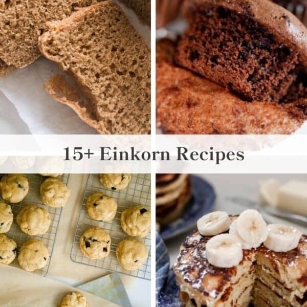Four images of food including bread muffins, pancakes, and cookies.
