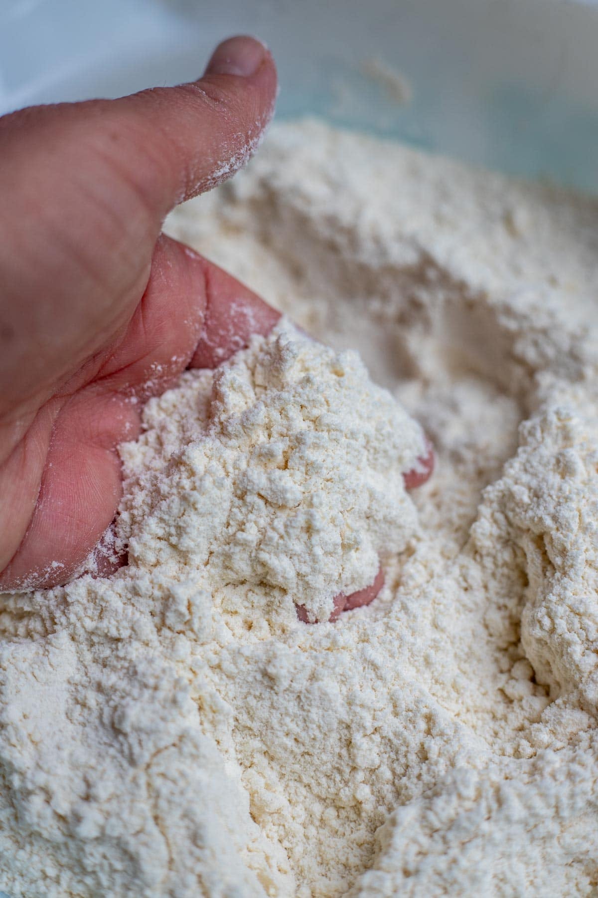 Cold butter, flour, salt, and baking powder mixed together by hand.
