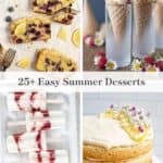 Four images, one of ice cream cones, one of blueberry bread sliced, one of a lemon layered cake, and one of strawberry cream popsicles.