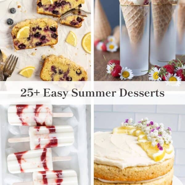 Four images, one of ice cream cones, one of blueberry bread sliced, one of a lemon layered cake, and one of strawberry cream popsicles.