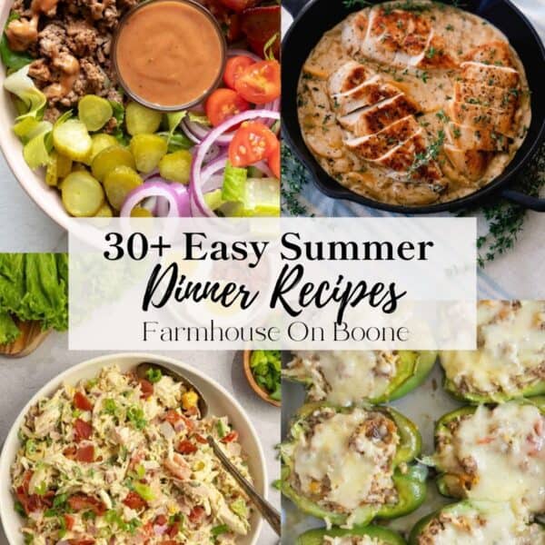 Four summer dinners including burger bowls, chicken salad, bell peppers, chicken skillet.