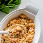 Buffalo chicken salad in a serving platter with a spoon scooping some out.
