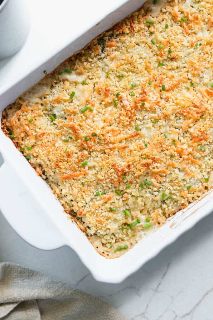A casserole dish of zucchini gratin baked to golden brown.